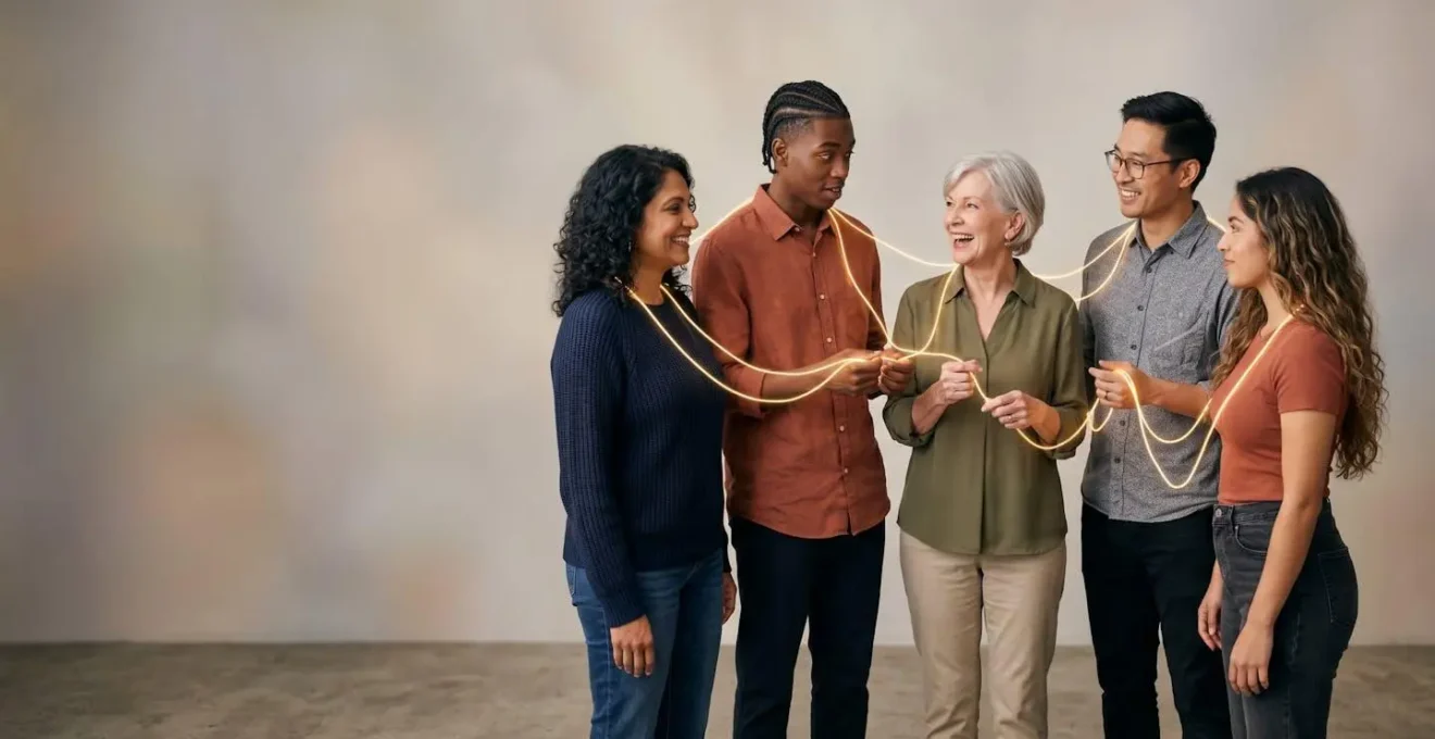 Groupe de personnes de cultures différentes connectées symboliquement par des filaments de lumière, illustrant une audience multilingue unie