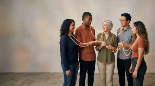 Groupe de personnes de cultures différentes connectées symboliquement par des filaments de lumière, illustrant une audience multilingue unie