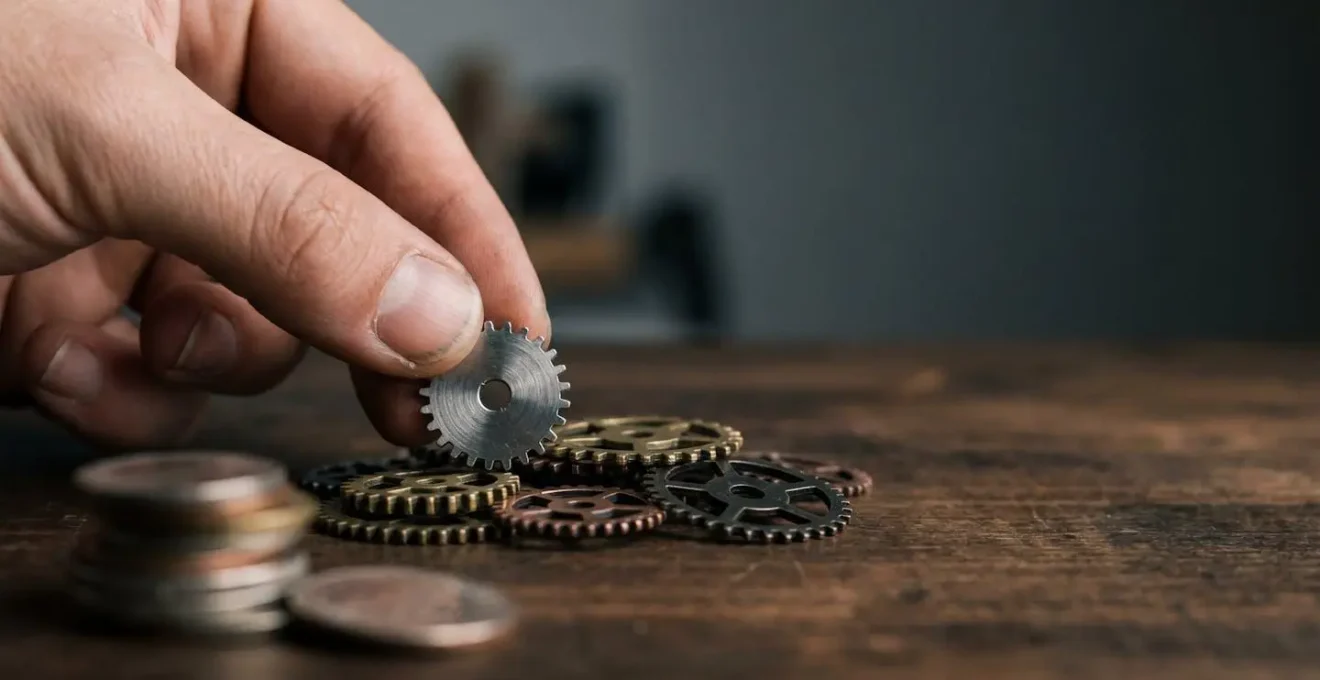 Main assemblant des rouages métalliques abstraits symbolisant l'automatisation d'une stack d'outils SEO avec un budget maîtrisé