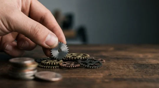 Main assemblant des rouages métalliques abstraits symbolisant l'automatisation d'une stack d'outils SEO avec un budget maîtrisé