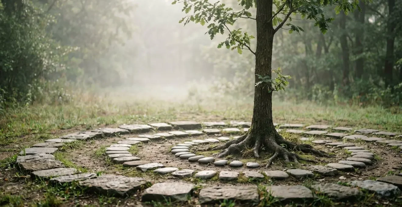 Jeune arbre poussant au centre d'un sentier de pierres structuré en spirale, symbolisant une stratégie de référencement naturel construite étape par étape sur douze mois
