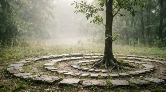 Jeune arbre poussant au centre d'un sentier de pierres structuré en spirale, symbolisant une stratégie de référencement naturel construite étape par étape sur douze mois