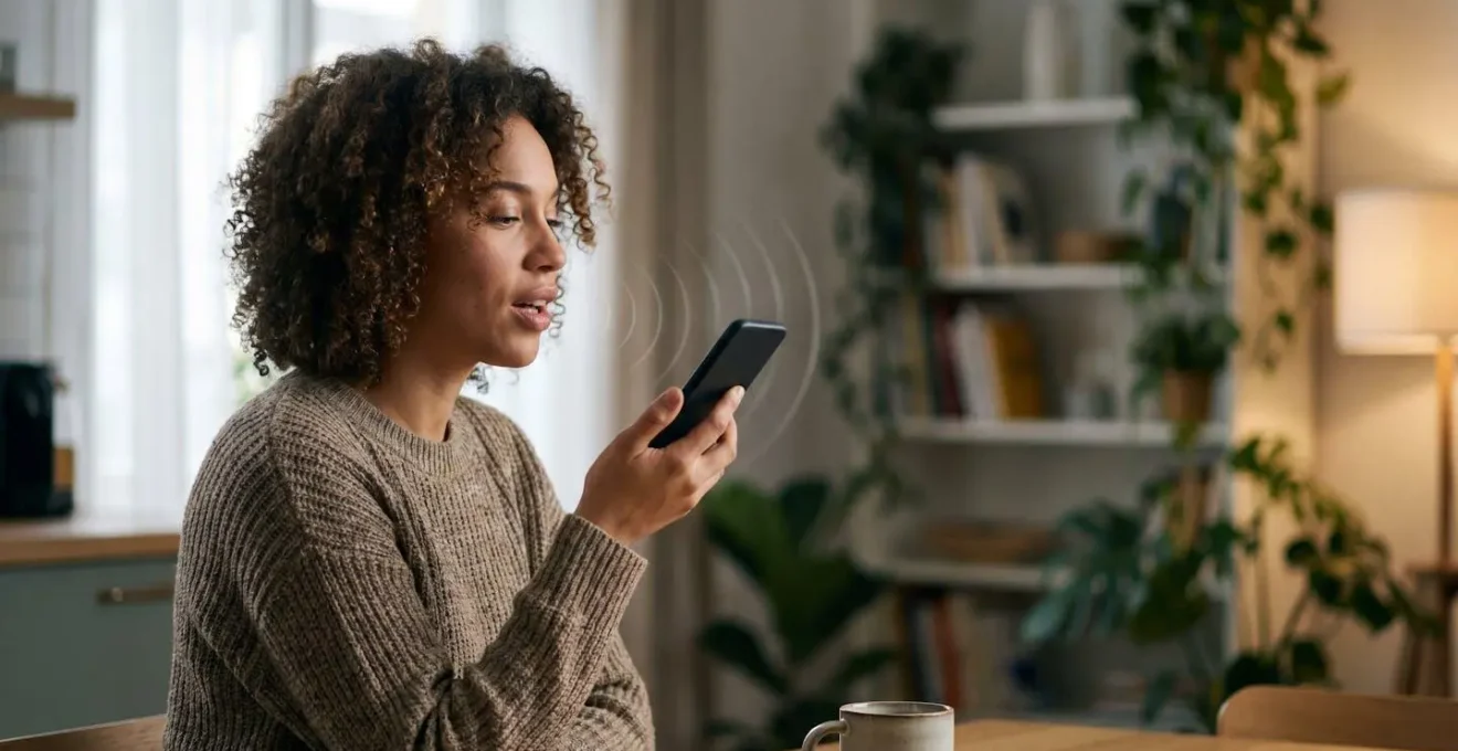 Personne parlant naturellement à son smartphone, symbolisant le passage du texte à la voix dans la recherche en ligne