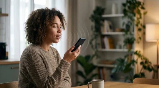 Personne parlant naturellement à son smartphone, symbolisant le passage du texte à la voix dans la recherche en ligne