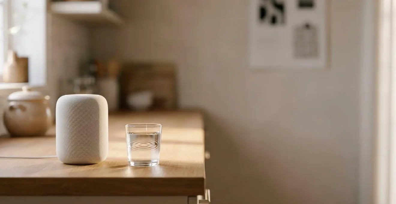 Enceinte connectée épurée sur un plan de travail minimaliste, symbolisant la compréhension vocale du contenu par les assistants IA
