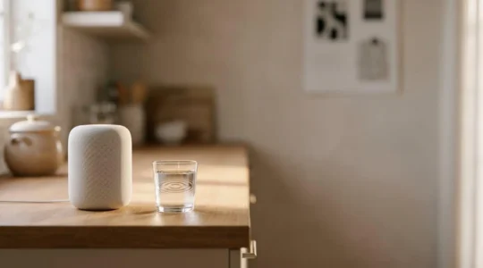 Enceinte connectée épurée sur un plan de travail minimaliste, symbolisant la compréhension vocale du contenu par les assistants IA