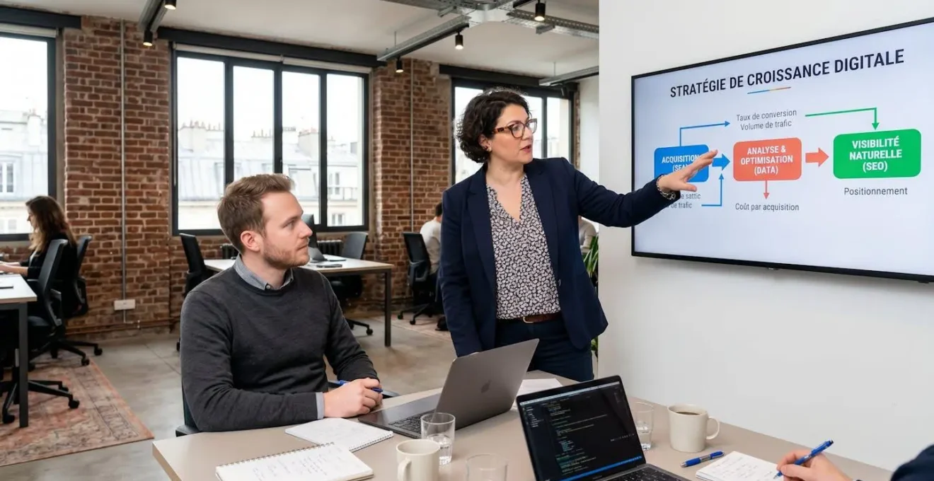 Consultante agence digitale présentant schéma stratégique SEA-SEO sur grand écran à entrepreneur client dans openspace parisien moderne avec briques apparentes et lumière naturelle, flux de données et KPI affichés en français