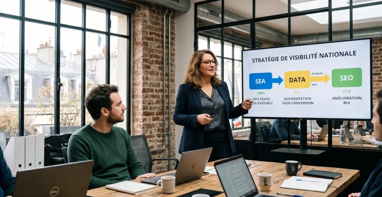 Consultante agence digitale présentant schéma stratégique SEA-SEO sur grand écran à entrepreneur client dans openspace parisien moderne avec briques apparentes et lumière naturelle, flux de données et KPI affichés en français