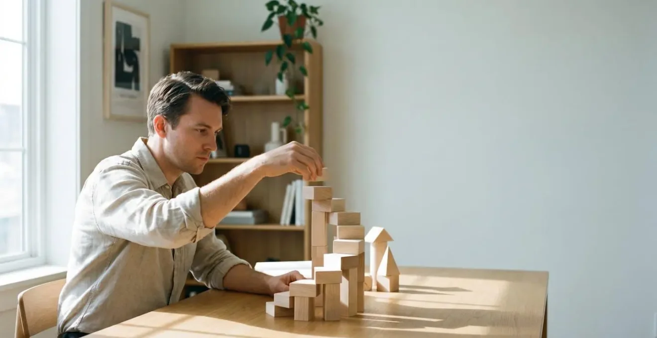 Entrepreneur construisant les fondations visuelles d'un site internet, symbolisant un lancement rapide et structure