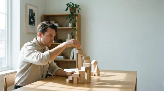 Entrepreneur construisant les fondations visuelles d'un site internet, symbolisant un lancement rapide et structure