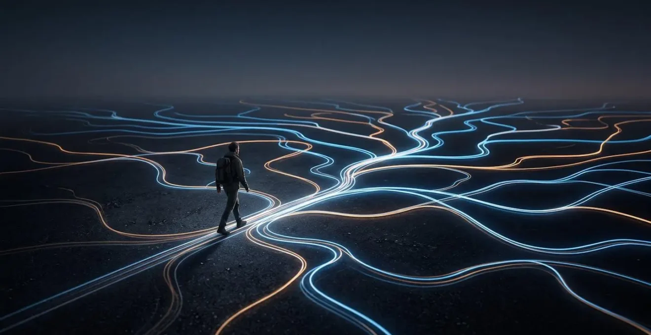 Silhouette d'une personne traçant un chemin lumineux à travers un réseau de lignes abstraites suggérant la complexité des algorithmes de recherche