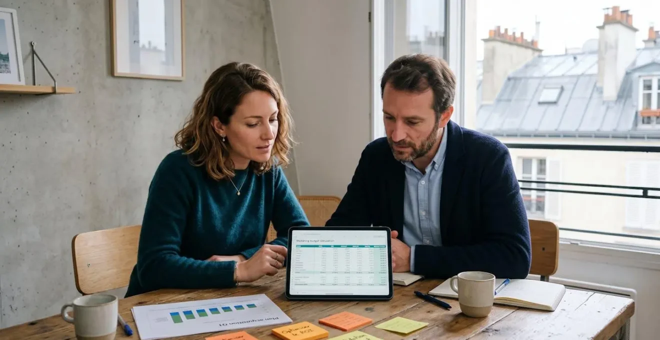 Deux co-fondateurs de profils différents penchés ensemble sur tablette affichant simulation budgétaire SEA/SEO, documents de plan d'acquisition et post-its sur table de réunion, toits parisiens visibles par la fenêtre