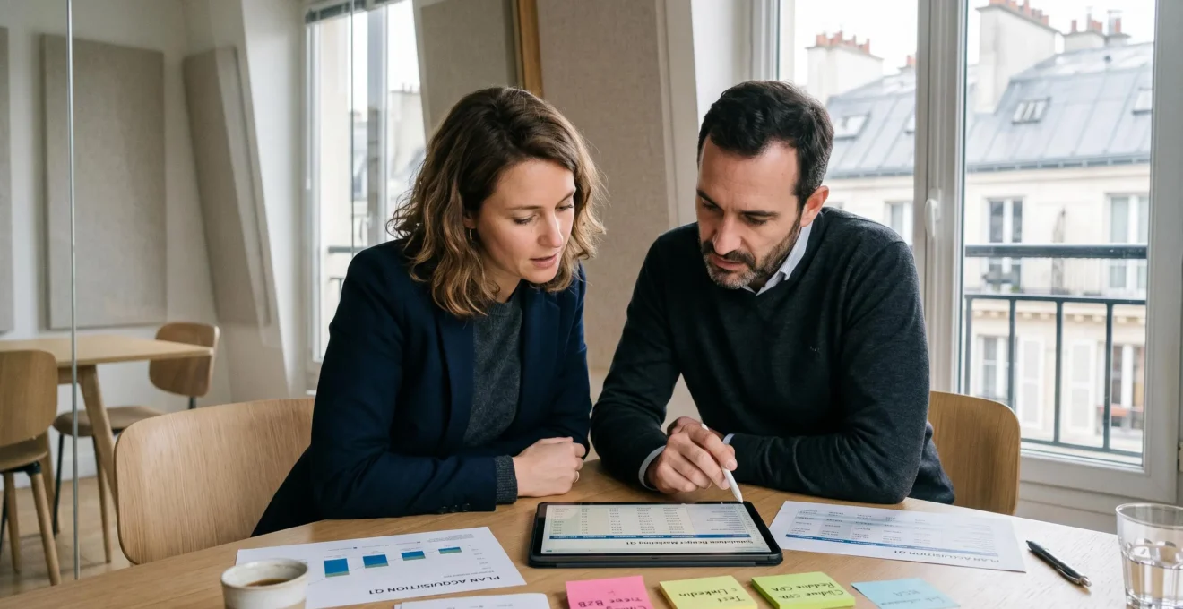 Deux co-fondateurs de profils différents penchés ensemble sur tablette affichant simulation budgétaire SEA/SEO, documents de plan d'acquisition et post-its sur table de réunion, toits parisiens visibles par la fenêtre