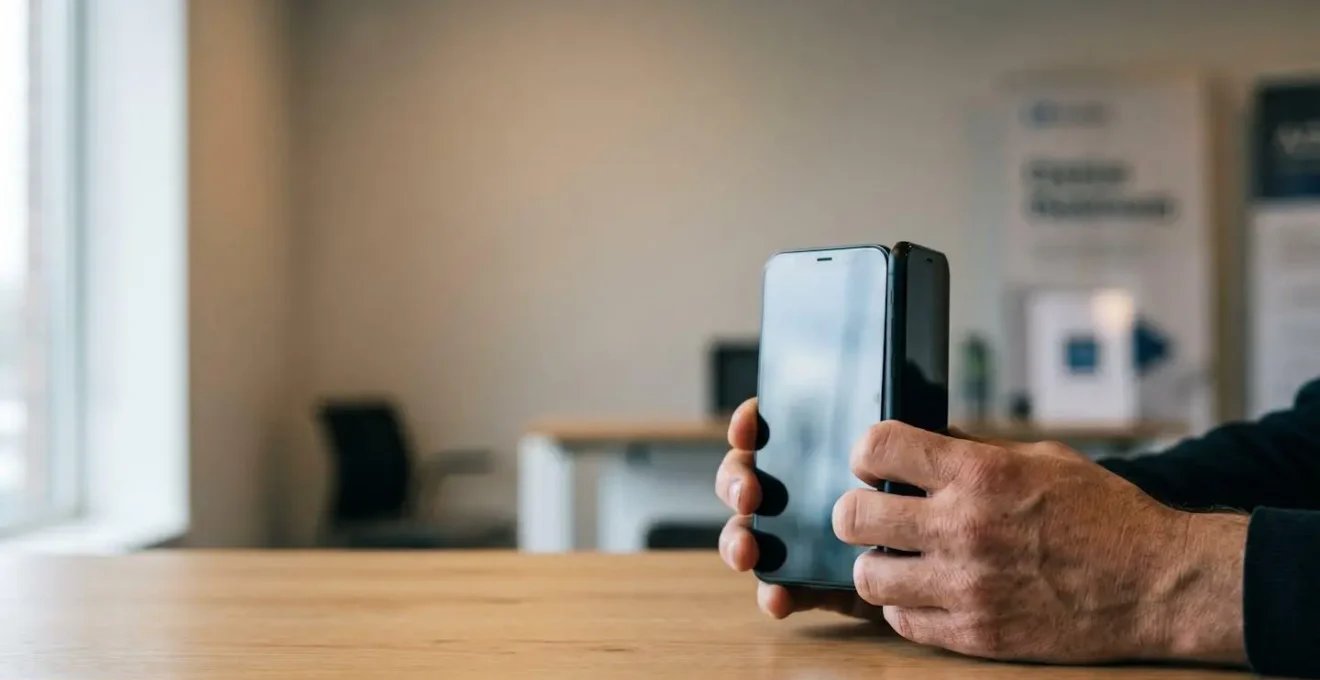 Deux mains tenant des smartphones cote a cote, symbolisant le developpement d'une application mobile compatible avec plusieurs systemes d'exploitation