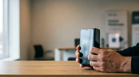 Deux mains tenant des smartphones cote a cote, symbolisant le developpement d'une application mobile compatible avec plusieurs systemes d'exploitation
