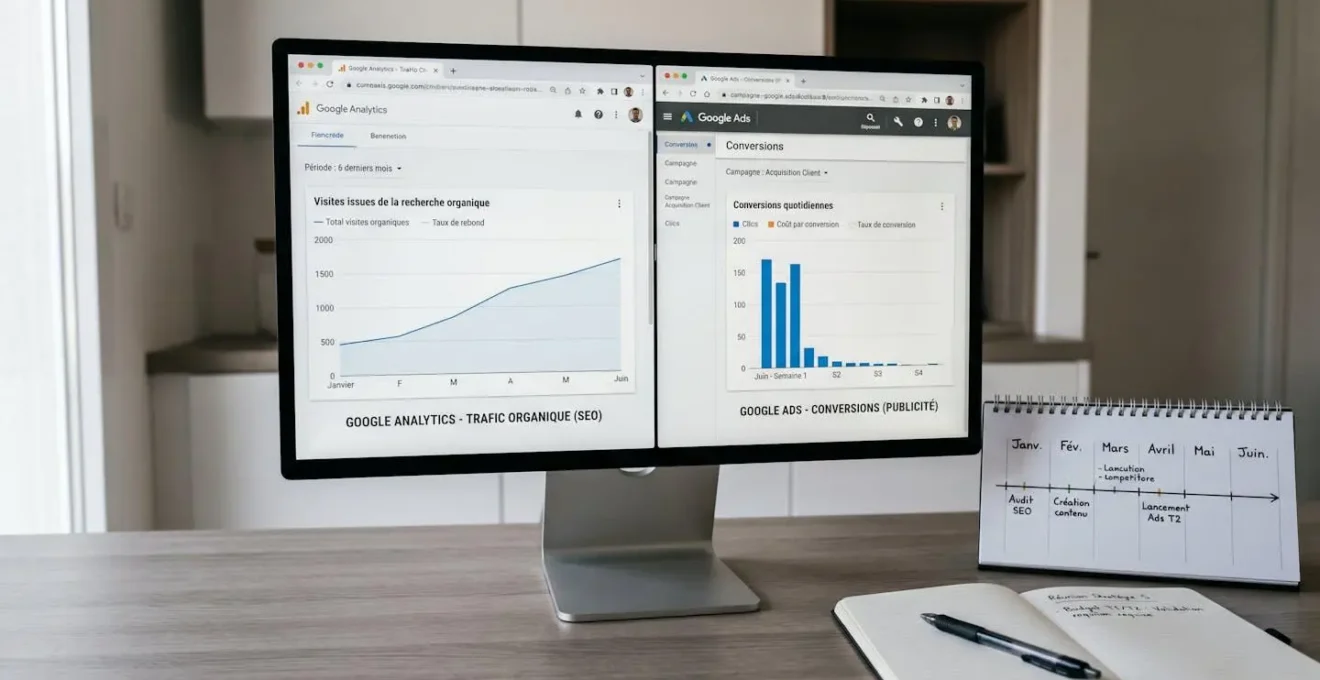 Écran d'ordinateur affichant deux interfaces côte à côte : courbe de trafic SEO en croissance progressive sur 6 mois à gauche, tableau de bord Google Ads avec pic de conversions immédiat à droite, calendrier et notes budgétaires sur le bureau
