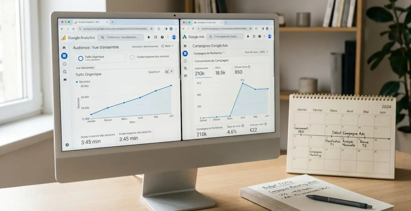 Écran d'ordinateur affichant deux interfaces côte à côte : courbe de trafic SEO en croissance progressive sur 6 mois à gauche, tableau de bord Google Ads avec pic de conversions immédiat à droite, calendrier et notes budgétaires sur le bureau