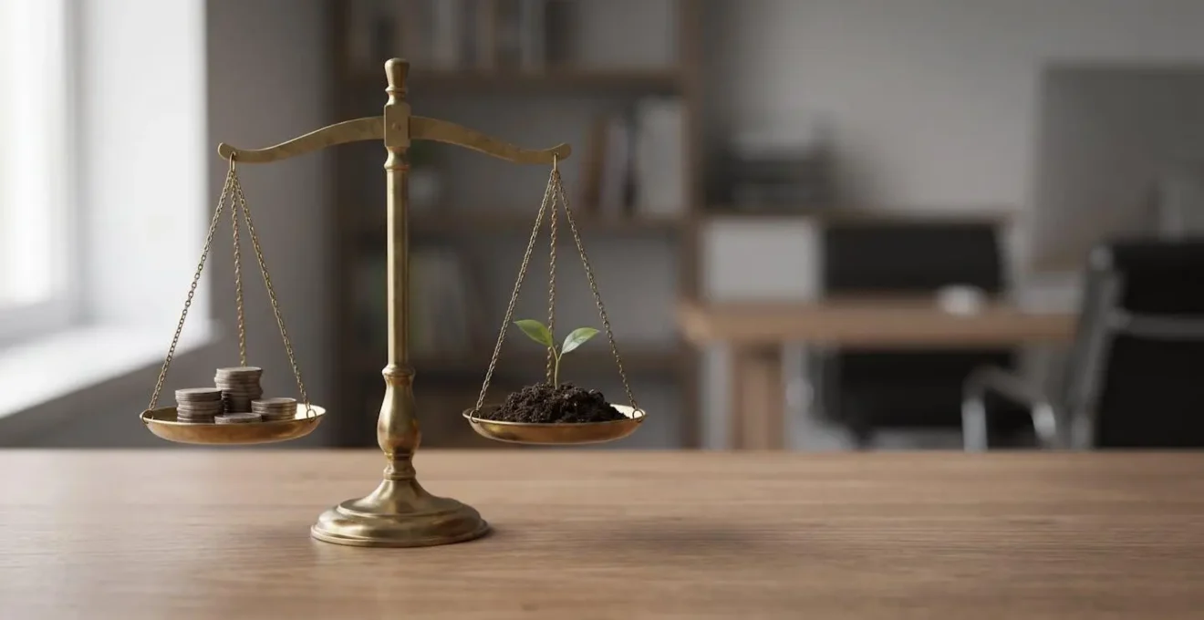 Balance symbolique illustrant l'équilibre entre référencement naturel et publicité payante avec un budget marketing réduit de moitié