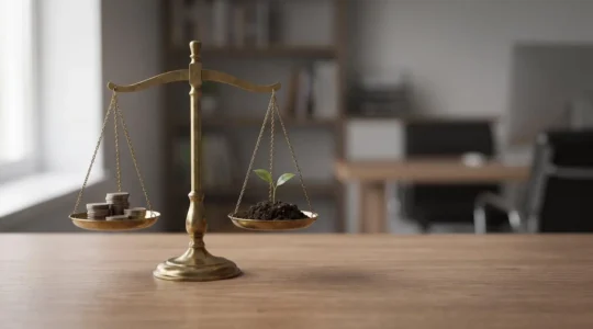 Balance symbolique illustrant l'équilibre entre référencement naturel et publicité payante avec un budget marketing réduit de moitié