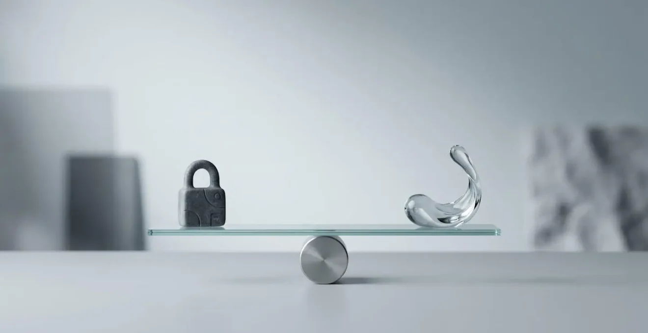 Représentation symbolique de l'équilibre entre contraintes réglementaires et fluidité de l'expérience utilisateur sur un site web