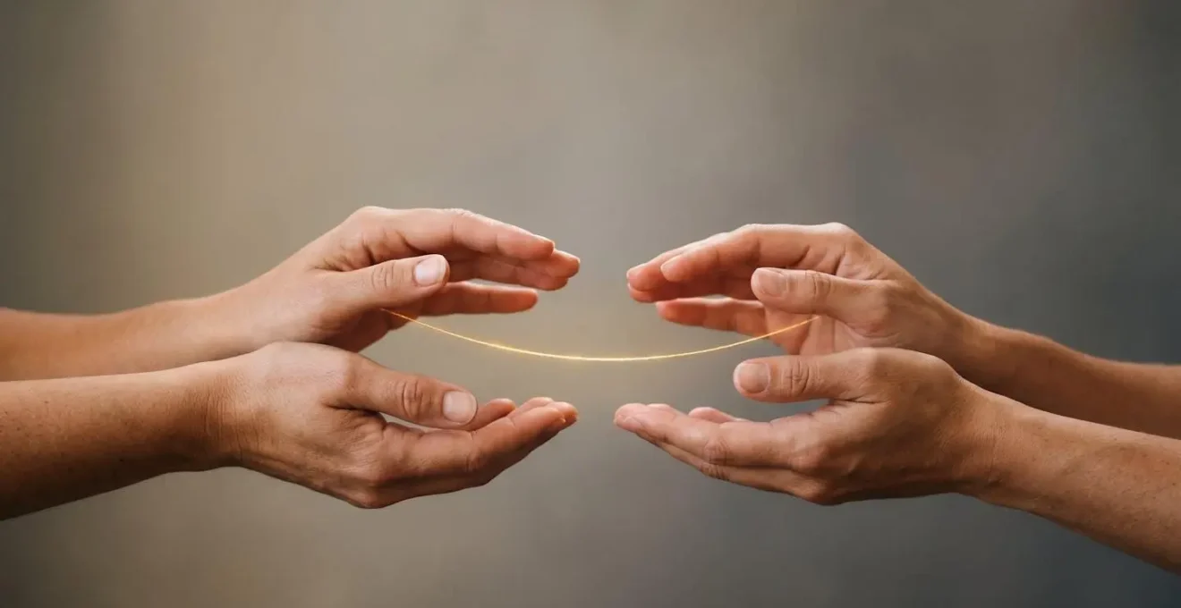 Une main tenant délicatement un fil doré lumineux qui relie deux mains ouvertes, symbolisant l'équilibre entre monétisation et confiance