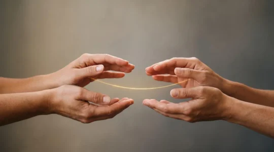Une main tenant délicatement un fil doré lumineux qui relie deux mains ouvertes, symbolisant l'équilibre entre monétisation et confiance