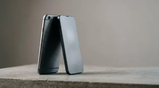 Deux smartphones aux designs distincts posés côte à côte sur une surface neutre, symbolisant l'équilibre entre iOS et Android
