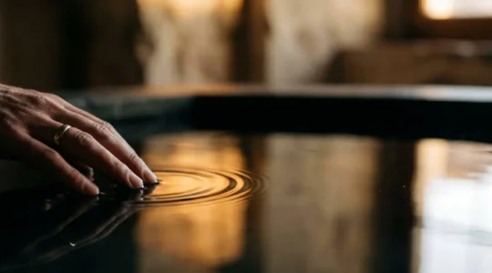 Une main effleure une surface lumineuse et ondulante evoquant l'empreinte durable d'une emotion memorable laissee par une experience numerique