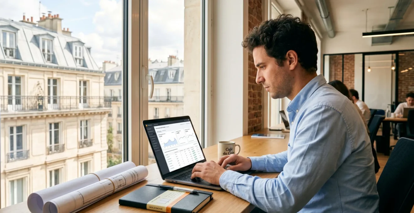 Jeune entrepreneur concentré travaillant sur ordinateur portable dans espace de coworking parisien lumineux, avec vue sur architecture haussmannienne par la fenêtre, carnets et plans de projet sur le bureau