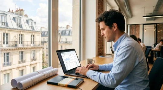 Jeune entrepreneur concentré travaillant sur ordinateur portable dans espace de coworking parisien lumineux, avec vue sur architecture haussmannienne par la fenêtre, carnets et plans de projet sur le bureau