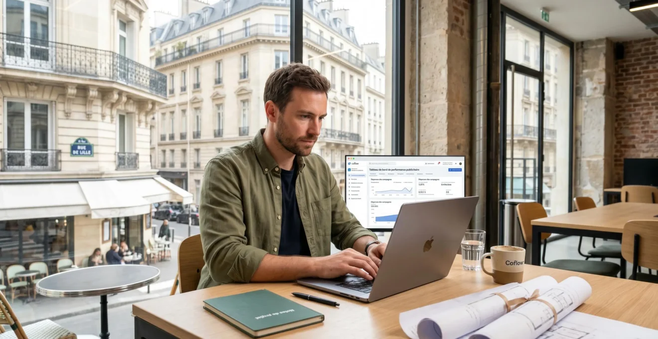 Jeune entrepreneur concentré travaillant sur ordinateur portable dans espace de coworking parisien lumineux, avec vue sur architecture haussmannienne par la fenêtre, carnets et plans de projet sur le bureau