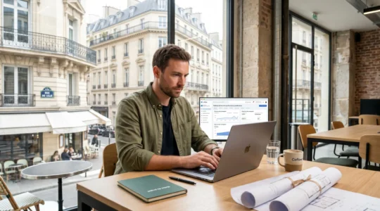 Jeune entrepreneur concentré travaillant sur ordinateur portable dans espace de coworking parisien lumineux, avec vue sur architecture haussmannienne par la fenêtre, carnets et plans de projet sur le bureau