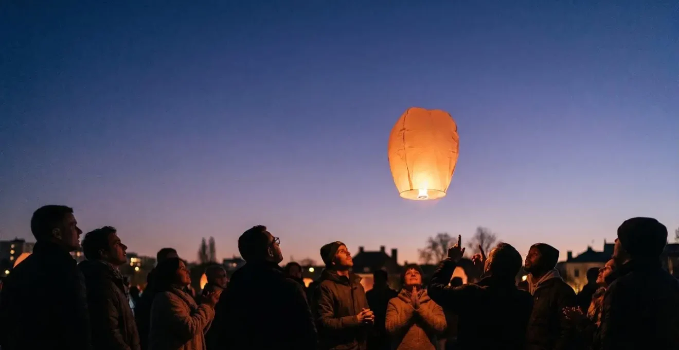 Une lanterne lumineuse s'elevant au-dessus d'un groupe de personnes emerveillees, symbole d'une experience remarquable partagee spontanement