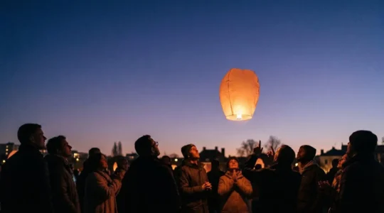 Une lanterne lumineuse s'elevant au-dessus d'un groupe de personnes emerveillees, symbole d'une experience remarquable partagee spontanement