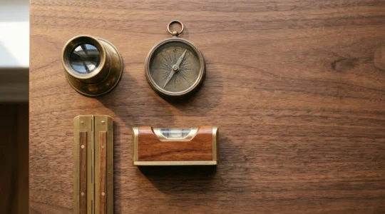 Instruments de precision rangés harmonieusement symbolisant un panel d'outils SEO complémentaires sans doublons entre audit, suivi et reporting