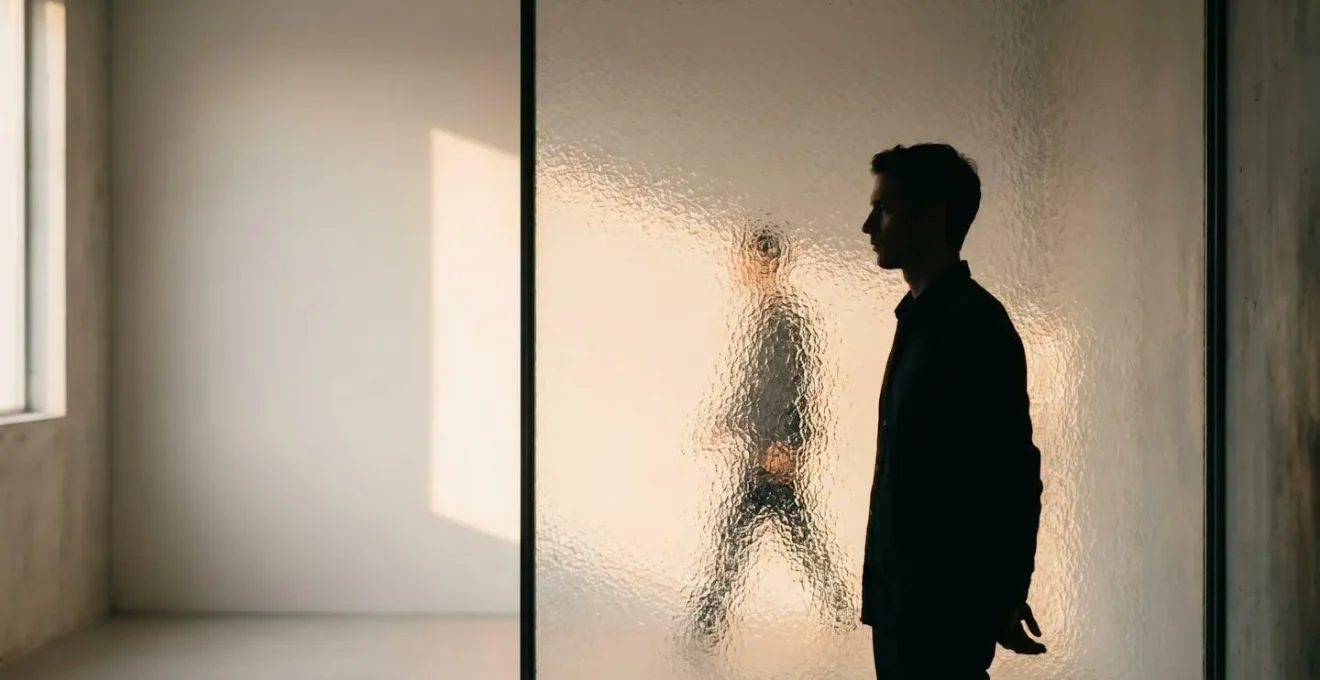 Silhouette d'une personne observant une surface de verre légèrement ondulée qui reflète et déforme subtilement son image, symbolisant la perception et la première impression