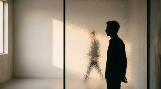Silhouette d'une personne observant une surface de verre légèrement ondulée qui reflète et déforme subtilement son image, symbolisant la perception et la première impression
