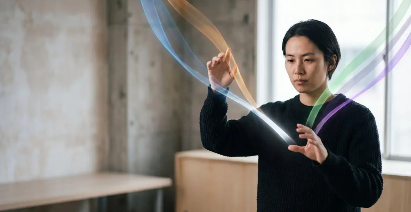 Une personne concentrée orchestre avec précision plusieurs flux lumineux colorés convergeant en un point unique, symbolisant la gestion cohérente de la communication digitale par une petite équipe