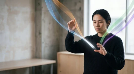 Une personne concentrée orchestre avec précision plusieurs flux lumineux colorés convergeant en un point unique, symbolisant la gestion cohérente de la communication digitale par une petite équipe