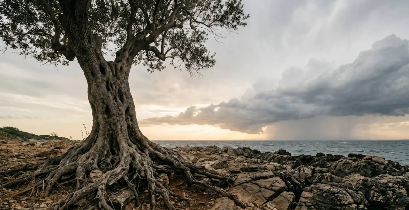 Un arbre aux racines profondes ancrees dans la roche, symbole d'un referencement naturel qui resiste aux mises a jour successives des moteurs de recherche