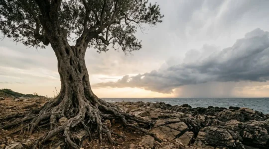 Un arbre aux racines profondes ancrees dans la roche, symbole d'un referencement naturel qui resiste aux mises a jour successives des moteurs de recherche