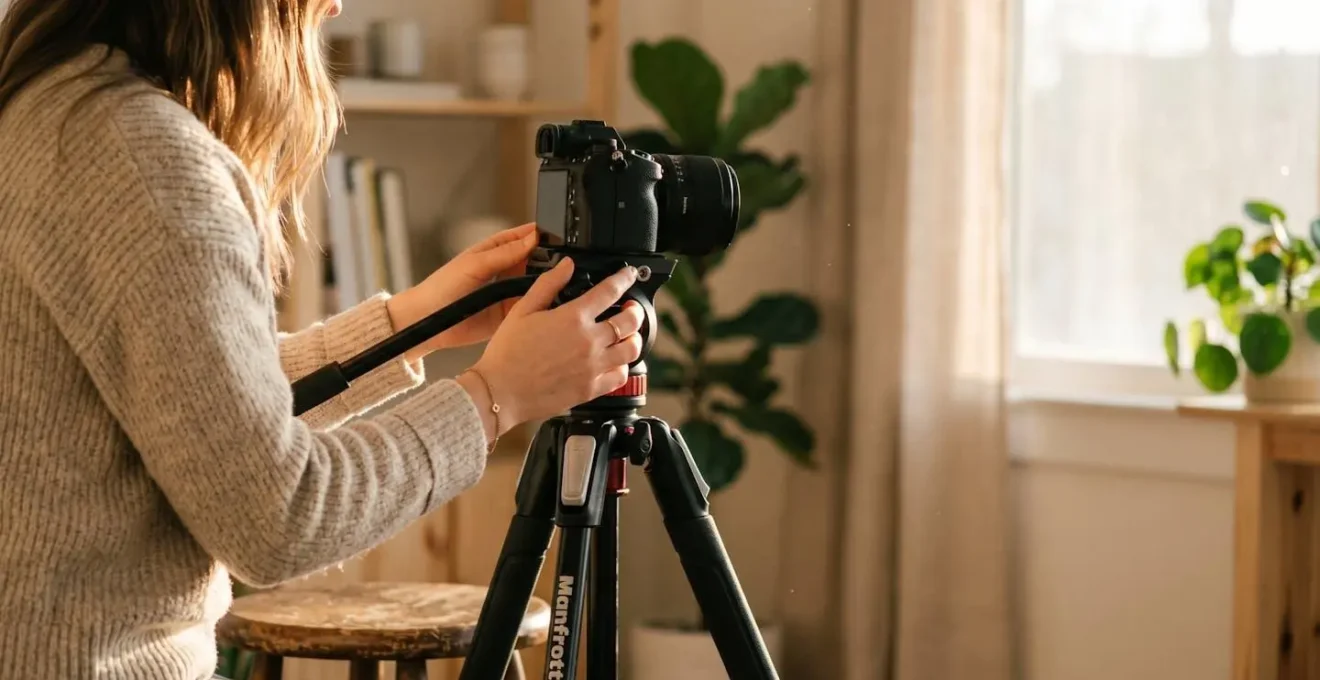 Créateur de contenu ajustant son matériel de tournage dans un studio minimaliste, symbole de croissance organique sans sponsoring