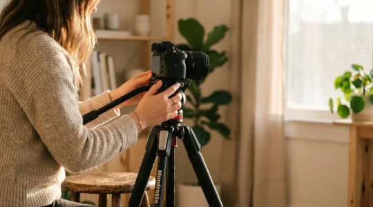 Créateur de contenu ajustant son matériel de tournage dans un studio minimaliste, symbole de croissance organique sans sponsoring