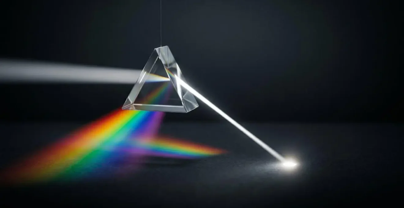 Un faisceau de lumiere traversant un prisme et convergeant en un point net et unique, symbolisant l'extraction d'une reponse directe et claire