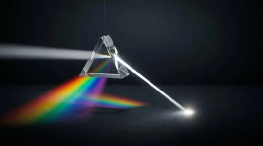 Un faisceau de lumiere traversant un prisme et convergeant en un point net et unique, symbolisant l'extraction d'une reponse directe et claire