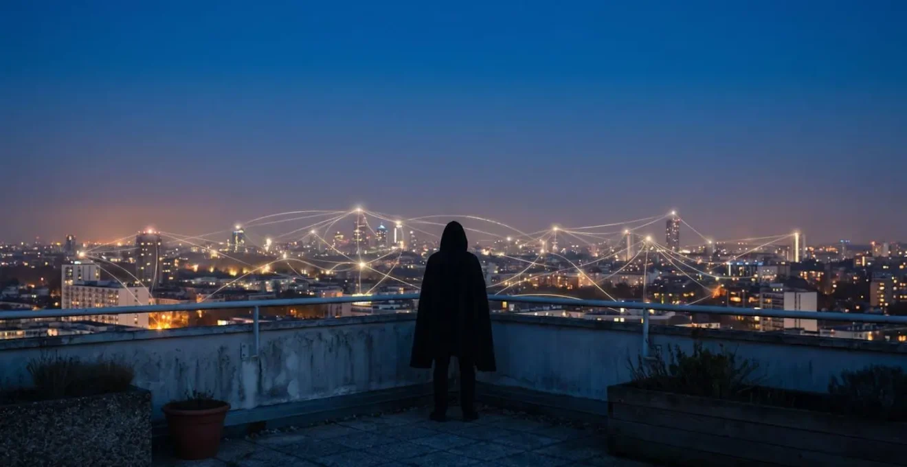 Réseau de points lumineux se structurant progressivement dans un paysage nocturne, symbolisant la construction d'une visibilité organique durable