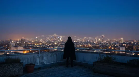 Réseau de points lumineux se structurant progressivement dans un paysage nocturne, symbolisant la construction d'une visibilité organique durable