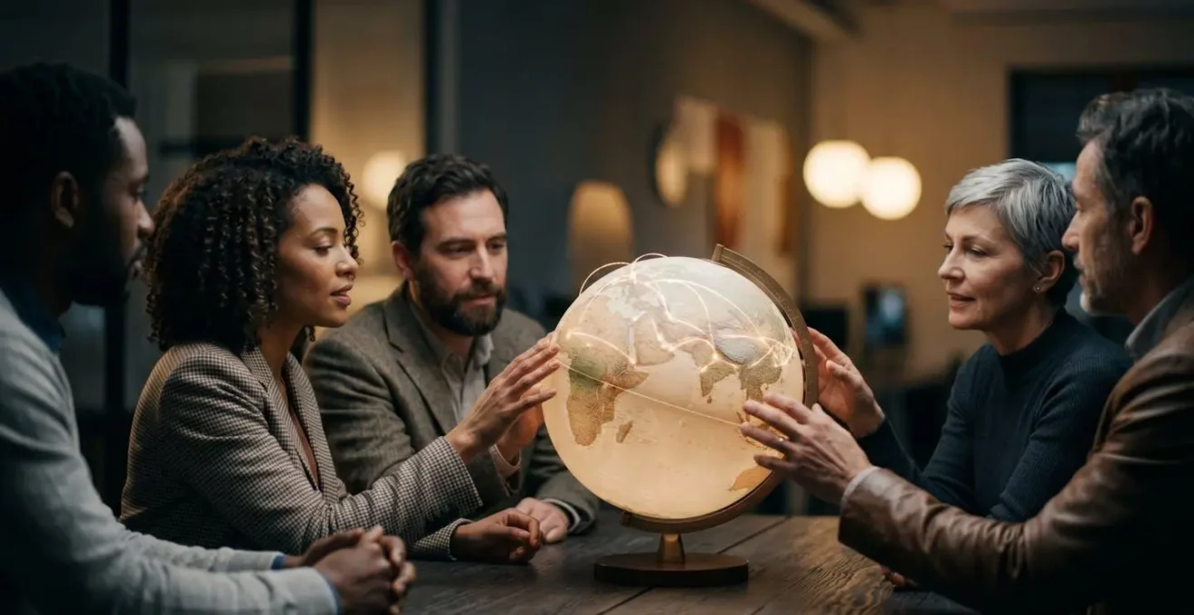 Reseau lumineux mondial symbolisant une strategie de referencement international sans duplication de contenu