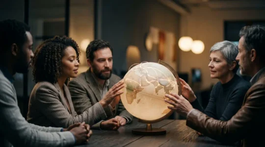 Reseau lumineux mondial symbolisant une strategie de referencement international sans duplication de contenu