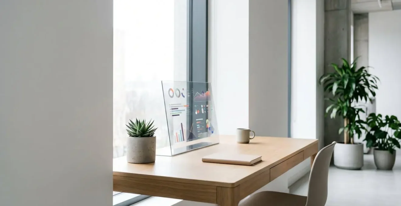 Professionnel analysant une strategie de referencement naturel avec des graphiques de croissance et des indicateurs de performance sur un bureau moderne
